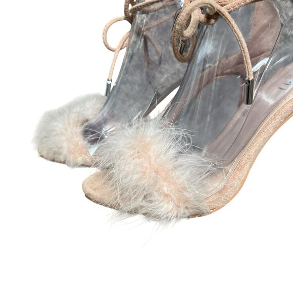 Simmi London Tan Beige Suede Stiletto Heel Feathered Sandals Size 8 - Picture 5 of 14